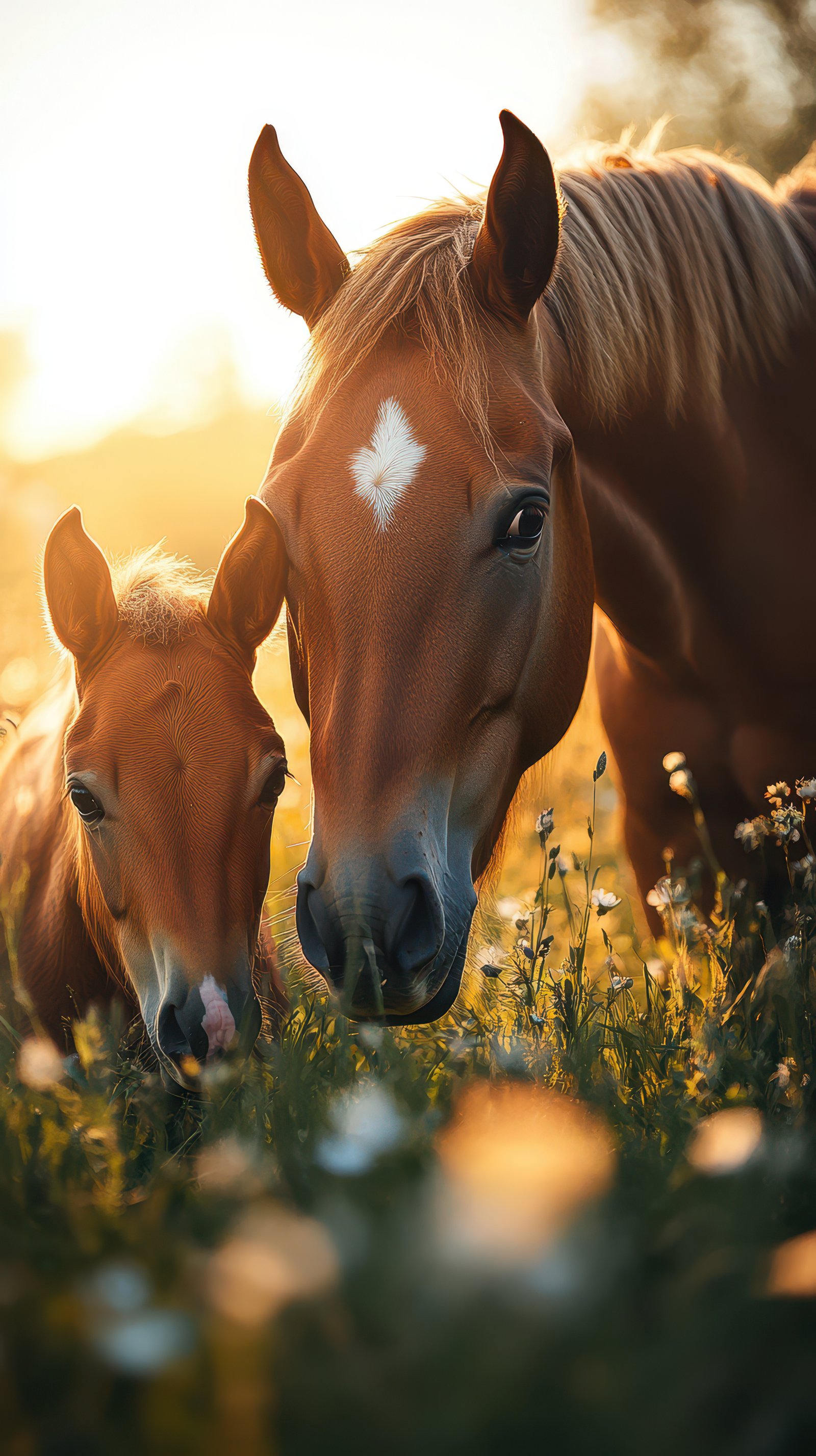 Horses grazing in a sunlit meadow during golden hour with a warm glow illuminating their fur and surroundings